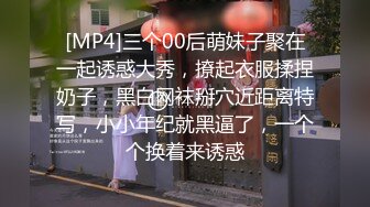 [MP4]三个00后萌妹子聚在一起诱惑大秀，撩起衣服揉捏奶子，黑白网袜掰穴近距离特写，小小年纪就黑逼了，一个个换着来诱惑